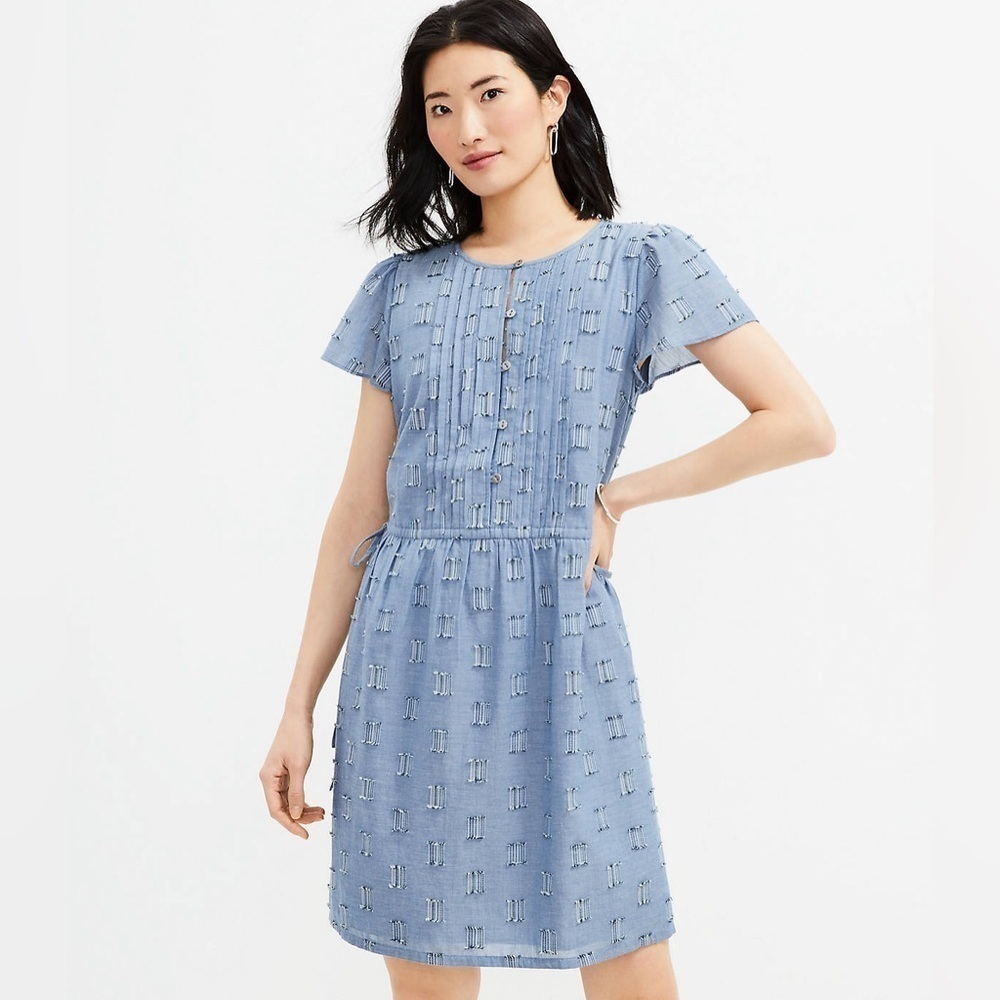 LOFT Clip Pintucked Side Tie Chambray Blue Button Front Mini Cotton Dress XS